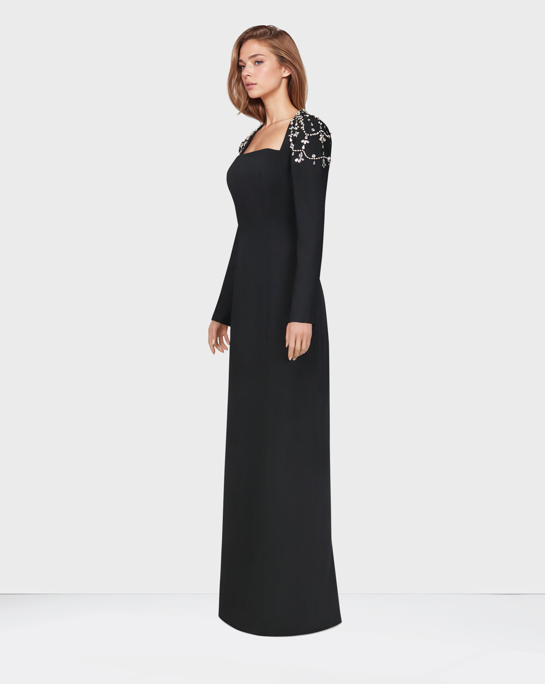 Black column dress with beaded shoulders and long sleeves -ODD-Telqo