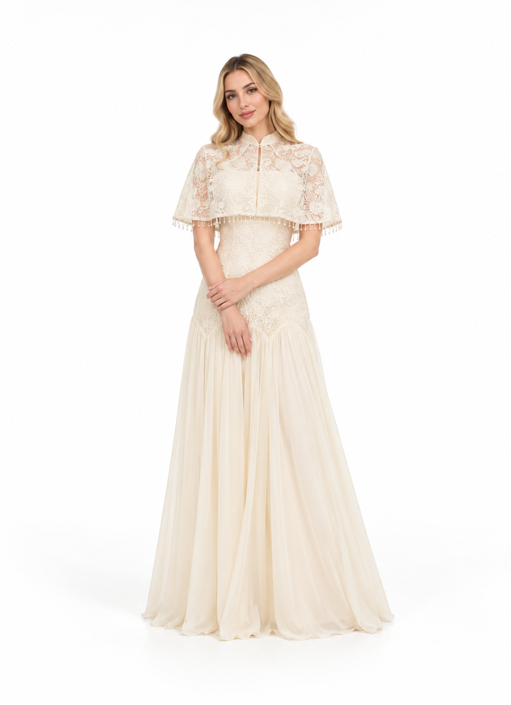 Cape Overlay Embroidered Evening Gown - Elvarine