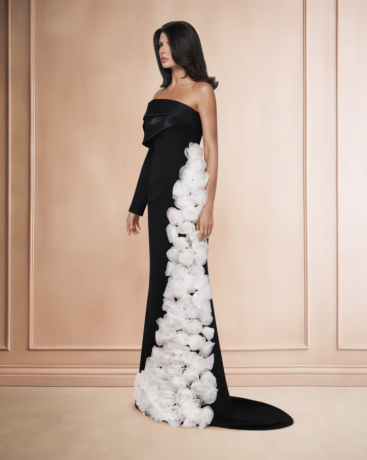 Strapless column dress with one sleeve and side 3D flowers