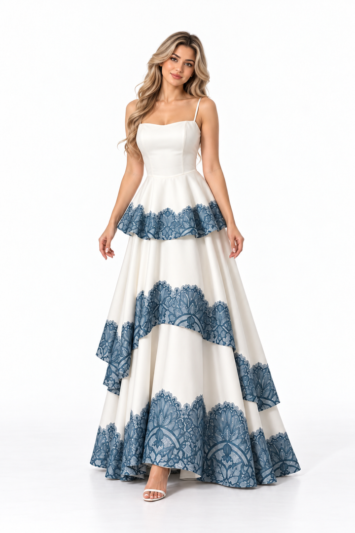 Lace Trim Peplum Maxi Dress - Porcelain