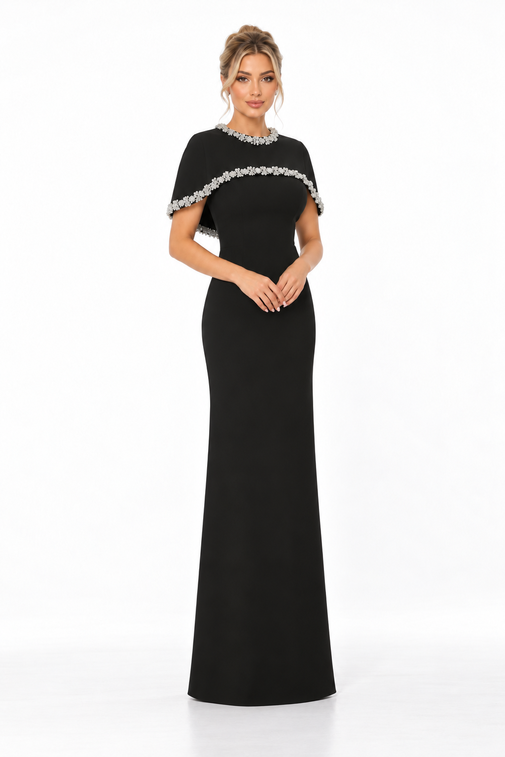 Embellished Cape Neck Column Maxi Dress – Celestine
