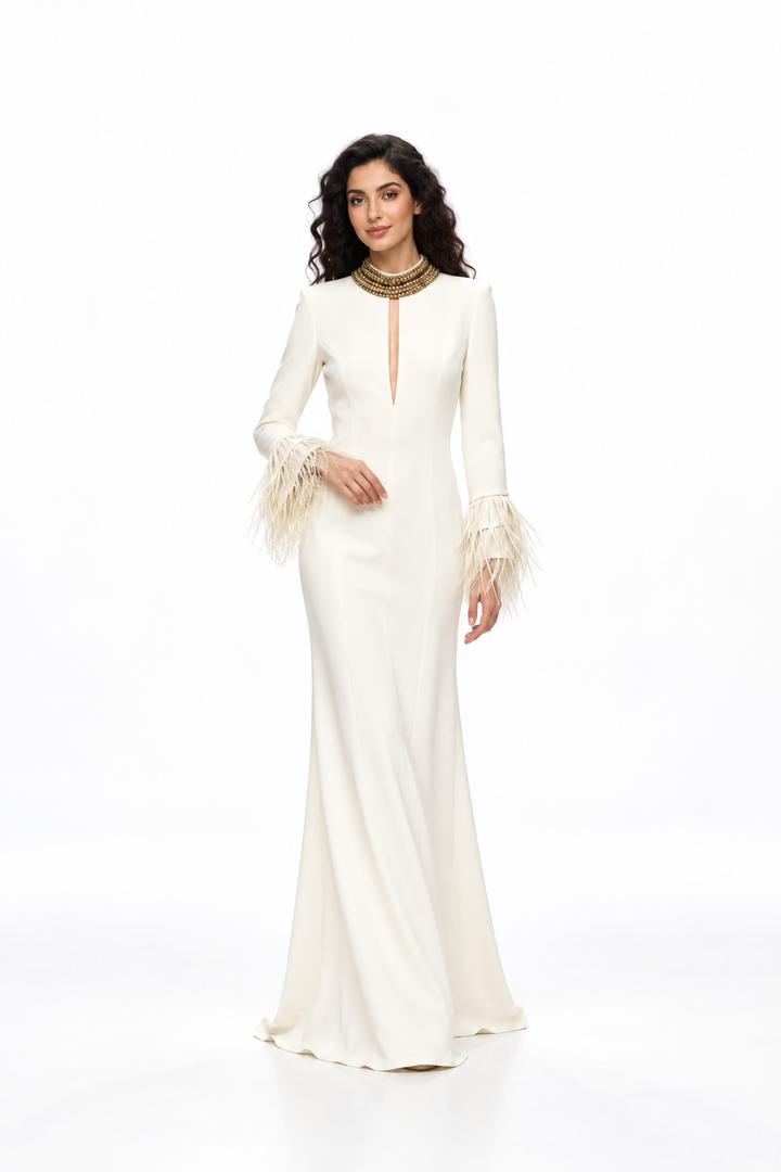 Embellished High-Neck Feather Cuff Evening Gown - Aureline