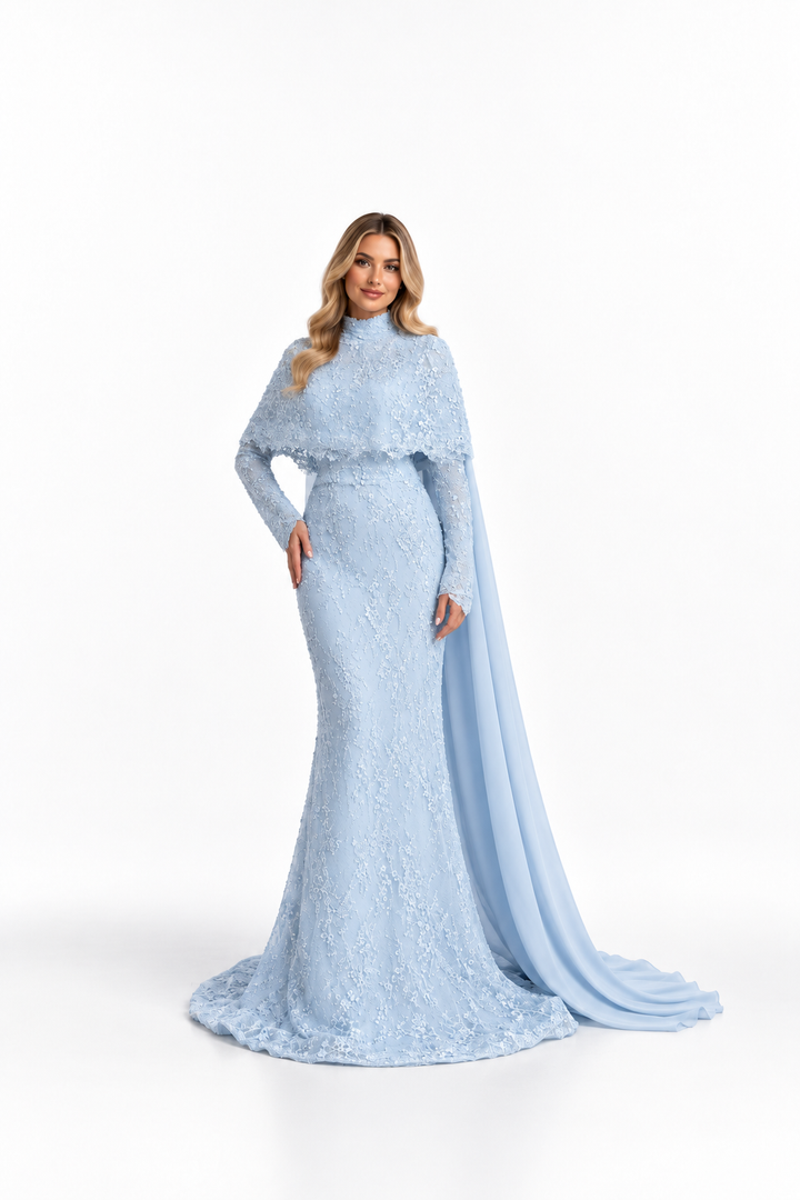 Embellished Cape Gown with Draped Train - Velmora
