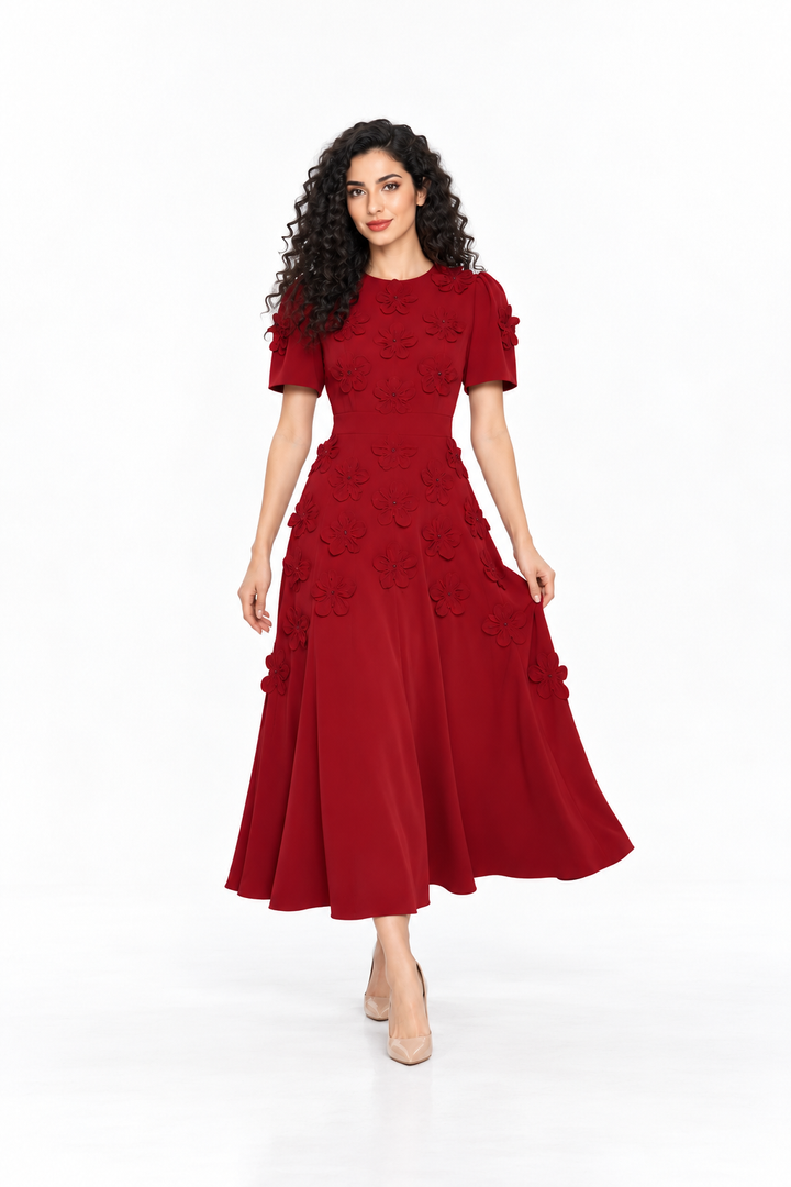 Floral Appliqué Short Sleeve Midi Dress - Carmesia