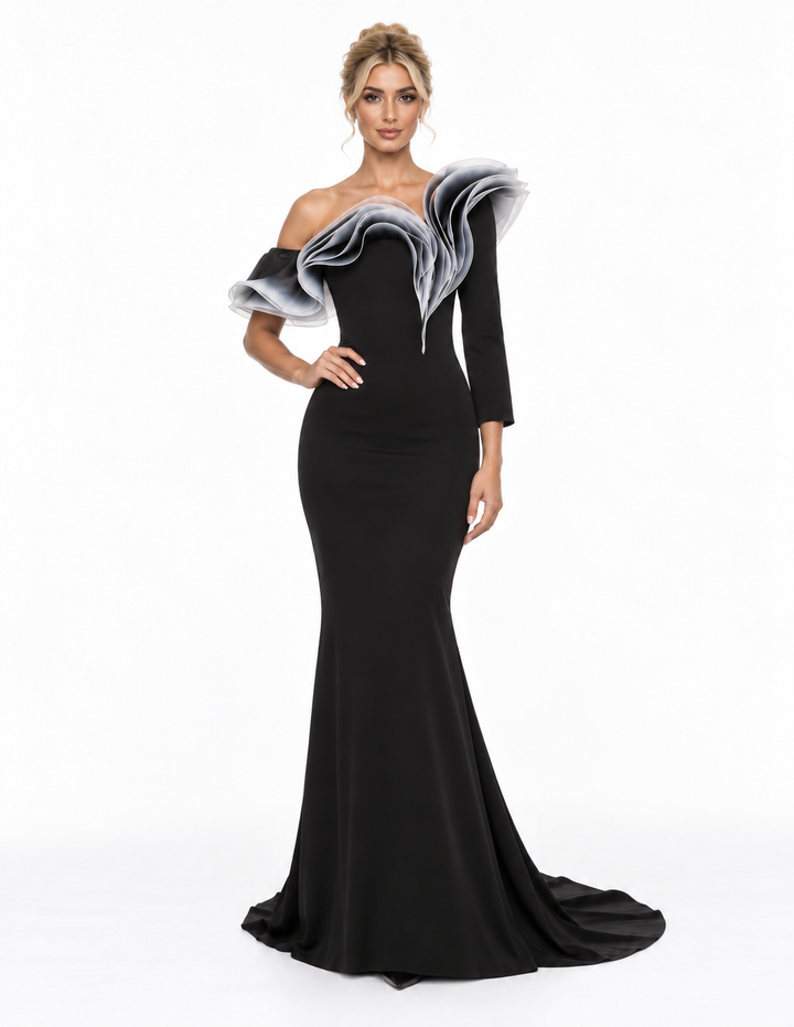 Sculpted Ruffle One Shoulder Maxi Dress – Vespera
