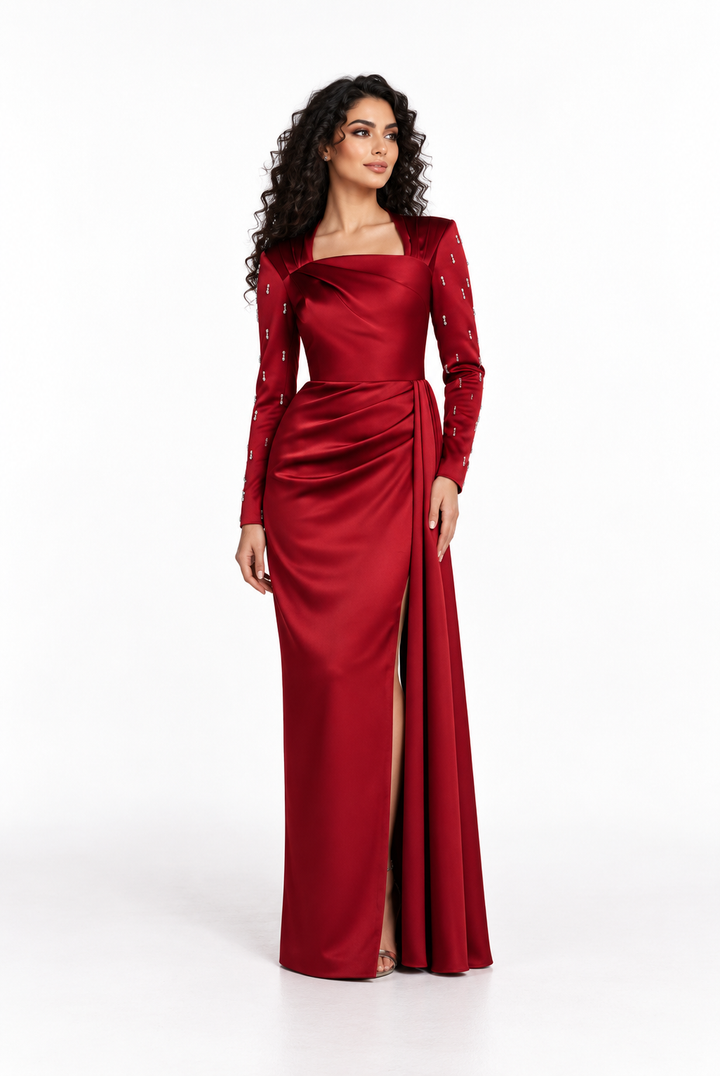 Ruched Satin Draped Sleeve Evening Gown - Crimson