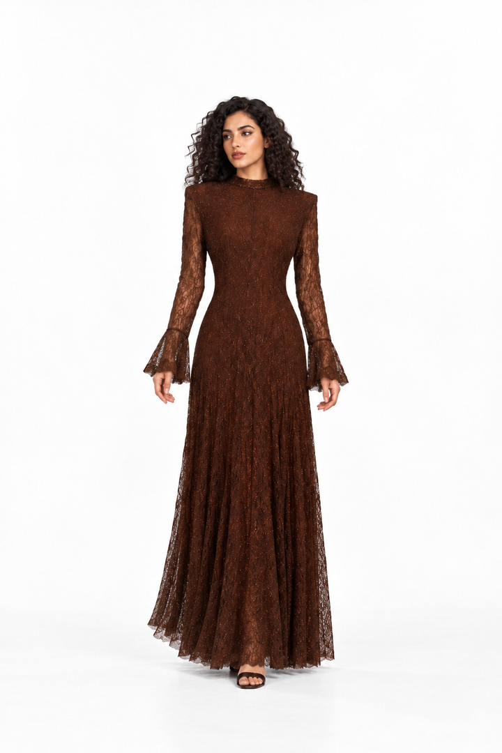 Shimmer Lace High-Neck Evening Gown - Brunelle