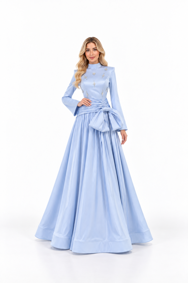 High-Neck Draped Bow Gown with Embellished Bodice - Celmira