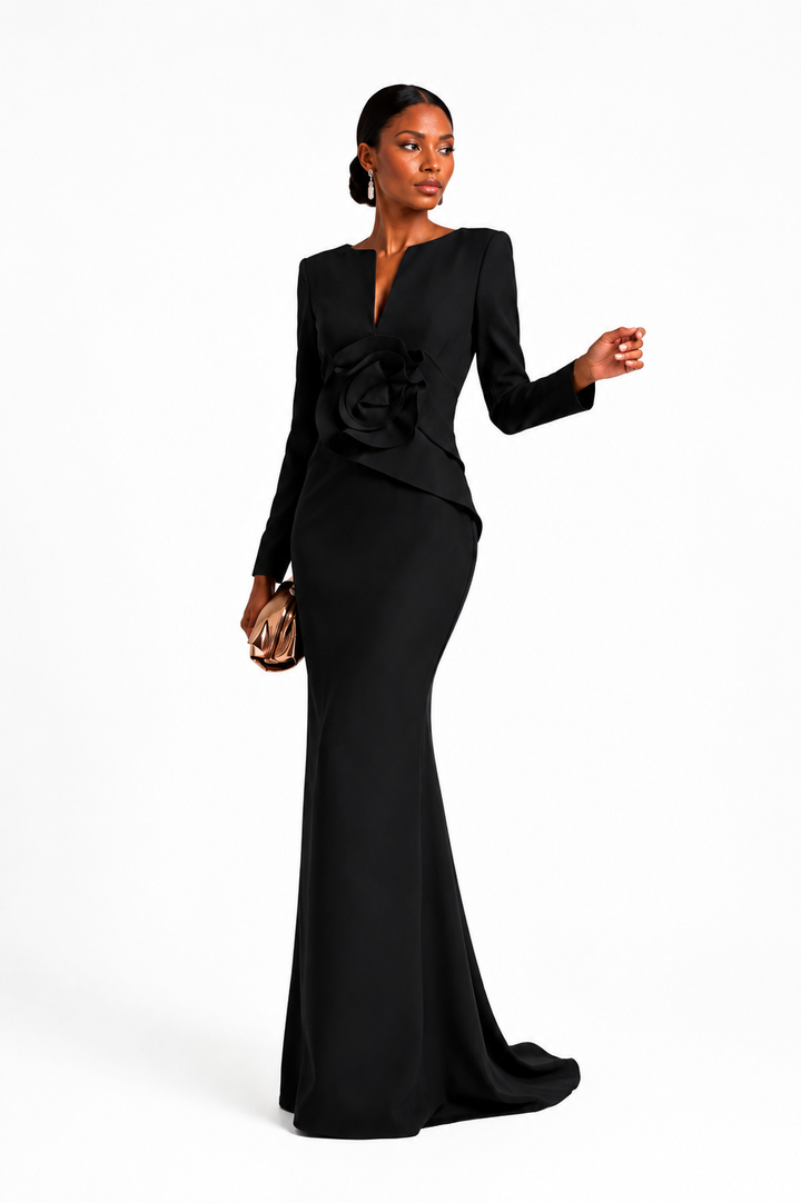 Black Floral-Appliqué Long Sleeve Gown – Obsidian