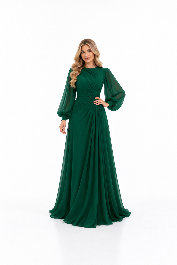 Draped Waist Chiffon Evening - Emeraldine