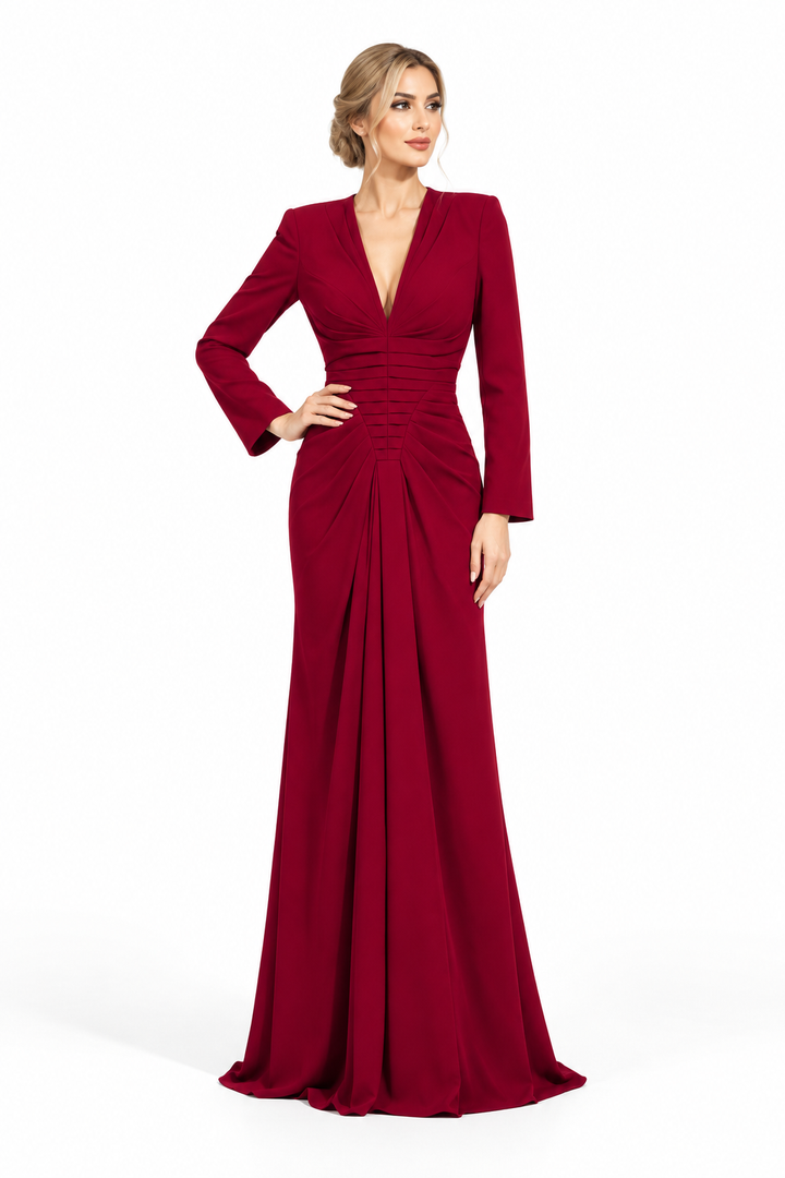 Ruched V-Neck Long Sleeve Evening Gown - Valenza