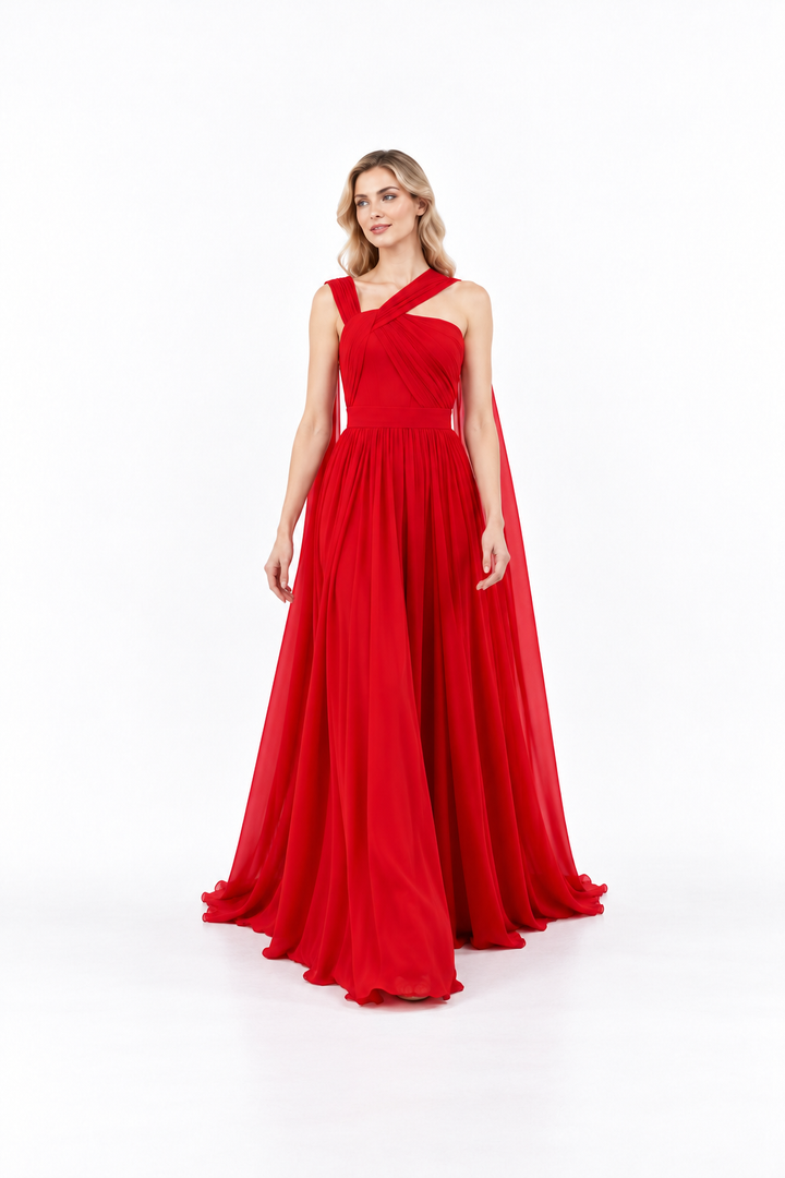 Asymmetric Draped Pleated Evening Gown - Rubienne