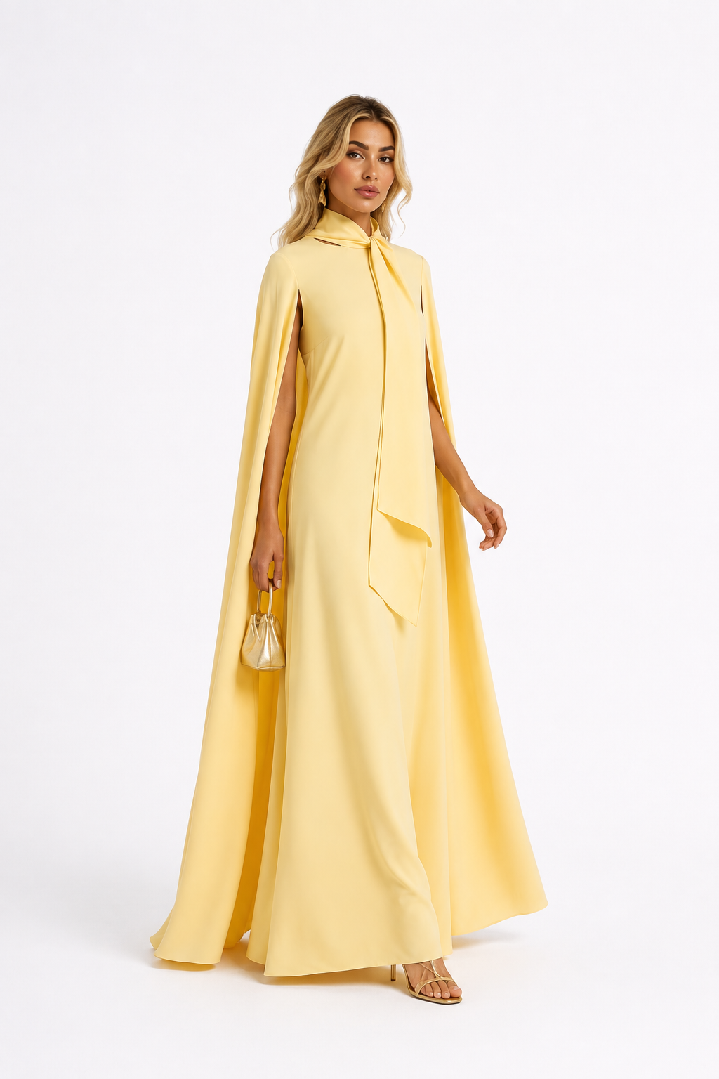 Tie-Neck Cape Gown – Butter