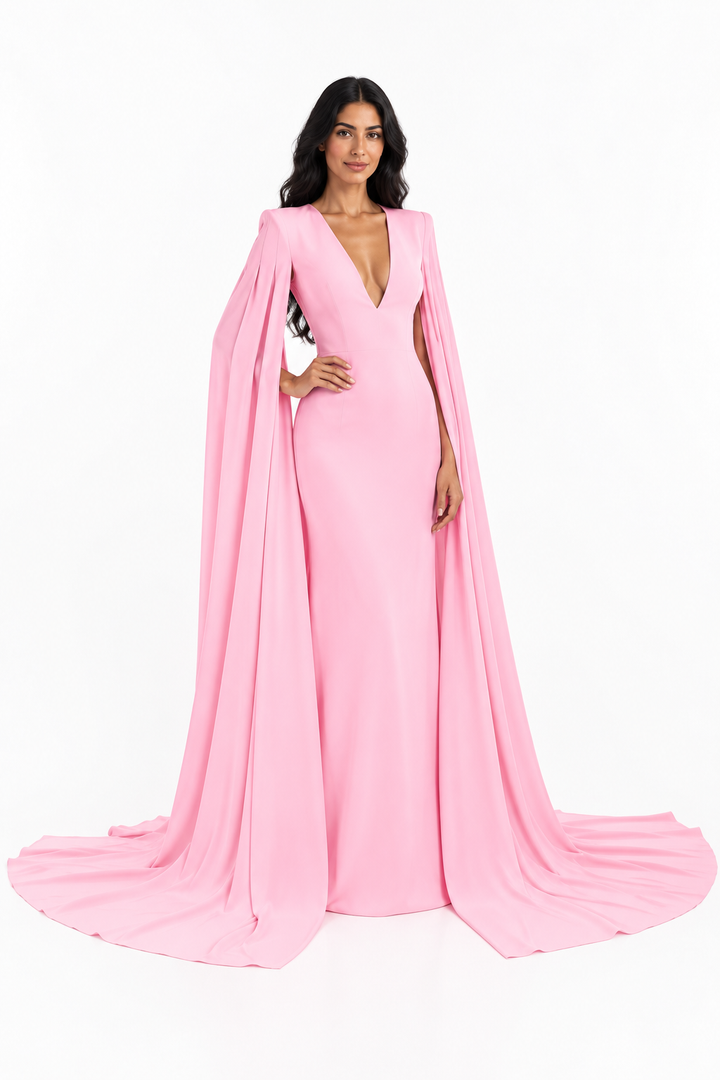 Blush Pink Deep V Cape Maxi Dress - Alessia