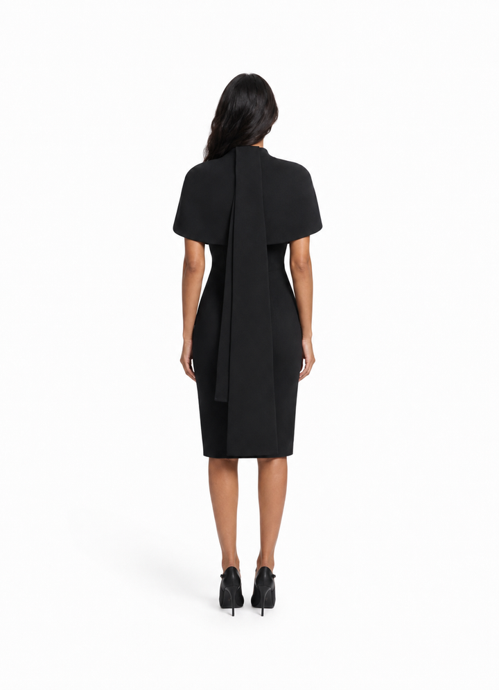Black Cape-Shoulder Midi Dress – NOCTELLE