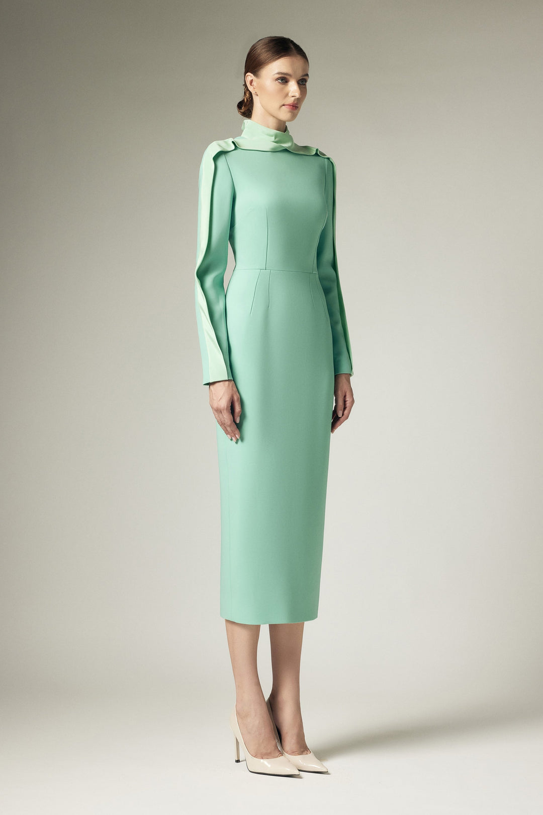 high-neck sheath dress with shoulder drape – ASLIK