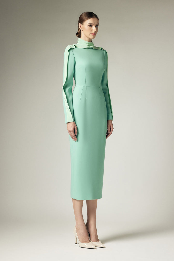 high-neck sheath dress with shoulder drape – ASLIK