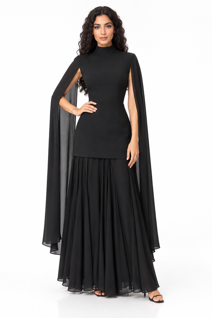 High-Neck Cape Pleated Evening Gown - Noxelle