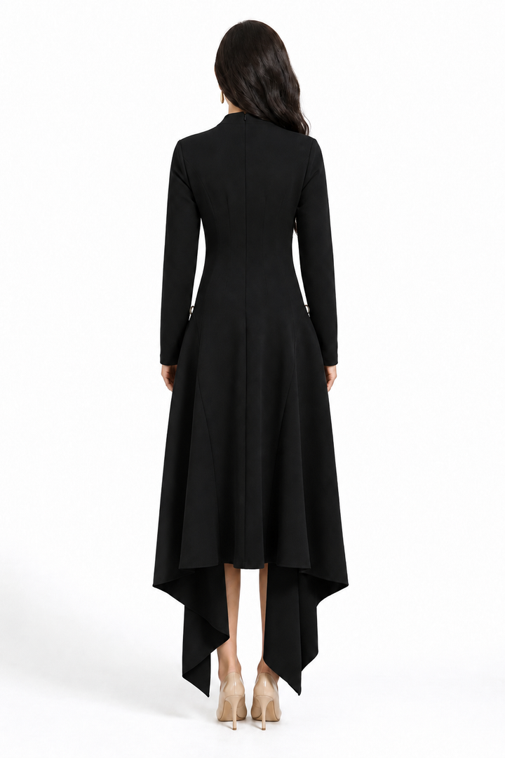 long-sleeve asymmetrical gown with draped back panel – EMERALDA