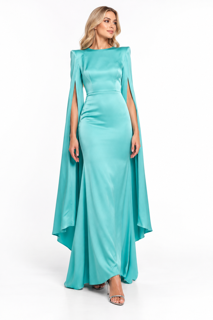 Satin Cape-Sleeve Gown - EVELINA