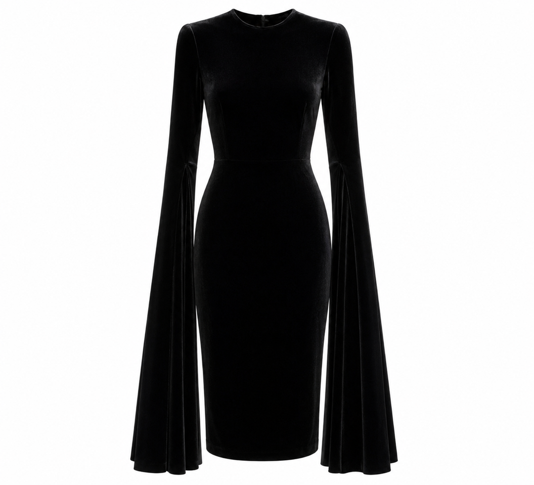 Cape-Sleeve Velvet Midi Dress – Noir