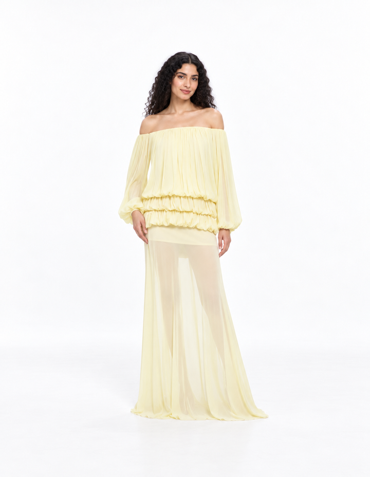 Off-Shoulder Pleated Chiffon Evening Gown - Lunessa
