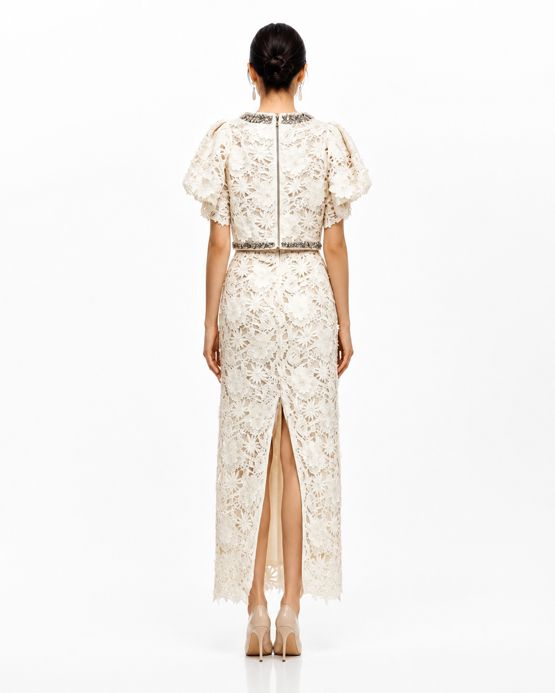 Embellished Lace Cape Sleeve Maxi Dress - Elegant
