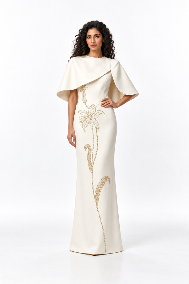 Embroidered Cape Column Evening Gown - Florenza