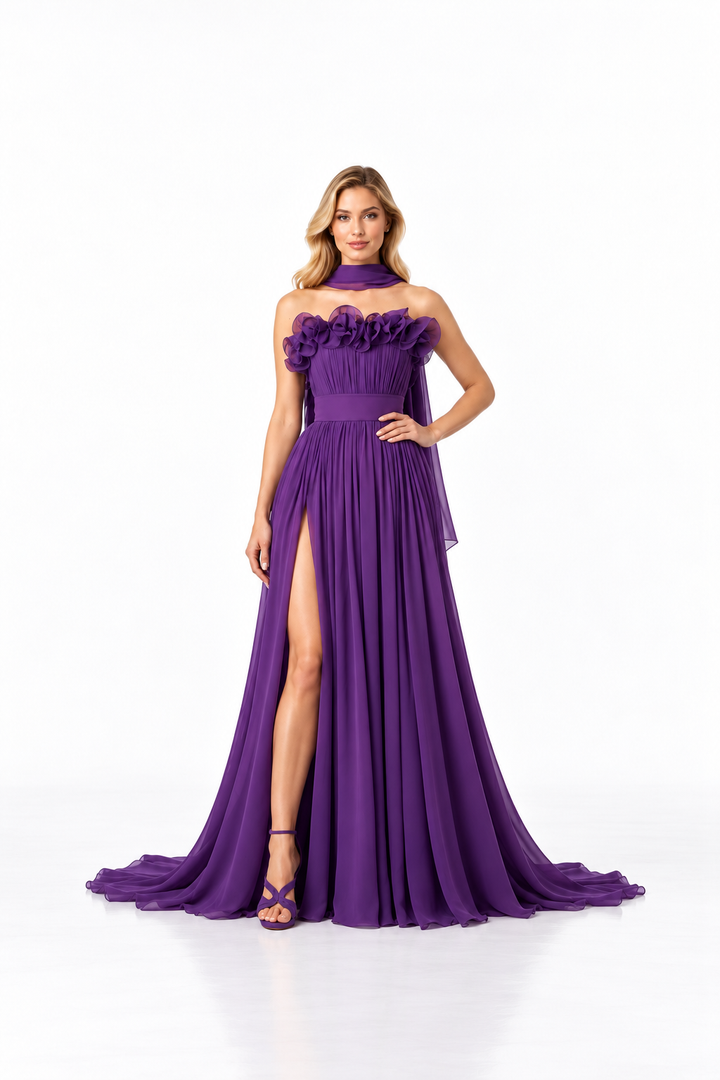 Ruffle Bodice Scarf Evening Gown - Amethystia