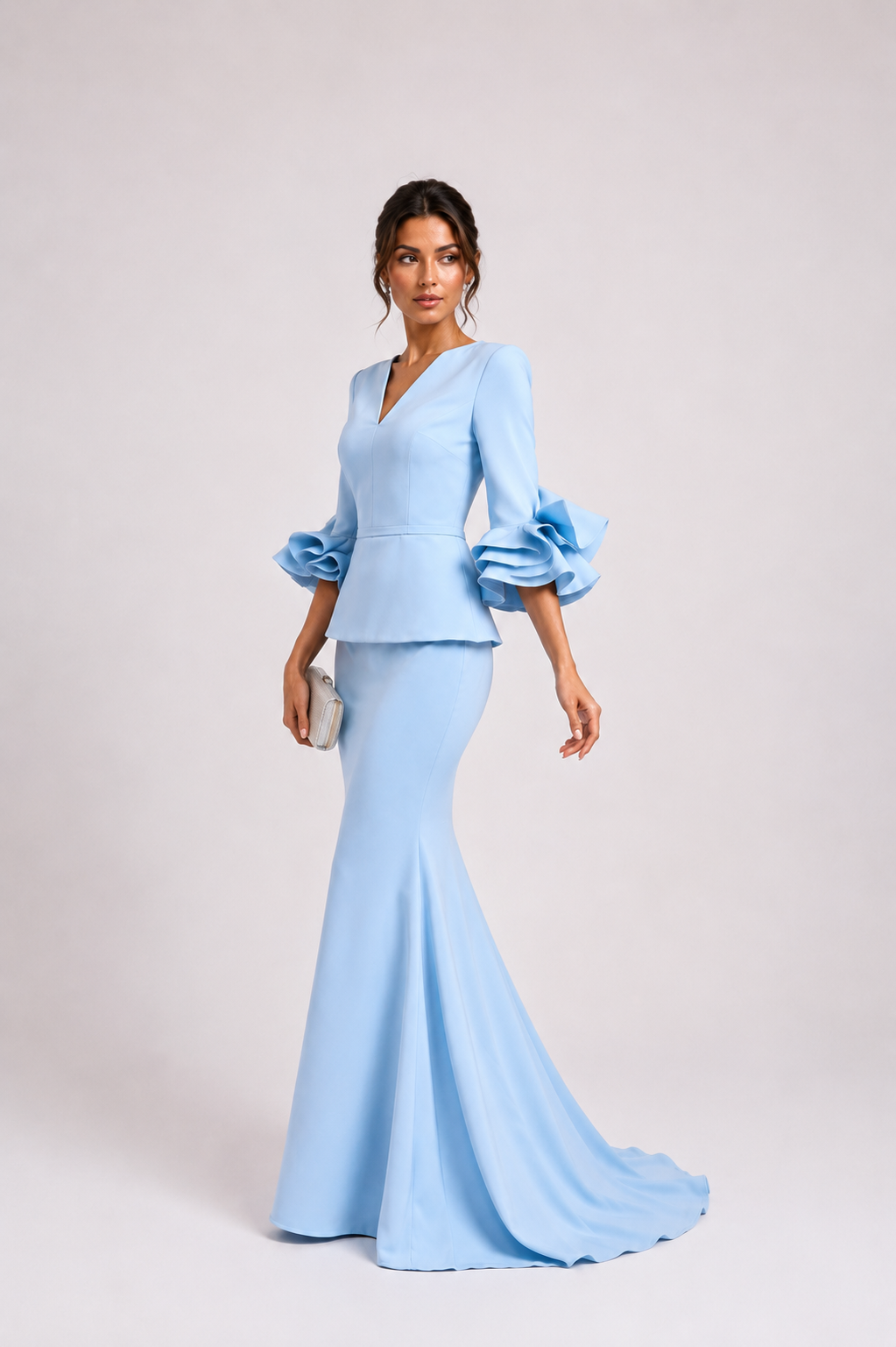 Powder Blue Ruffle Sleeve Peplum Mermaid Dress – AZURELLE