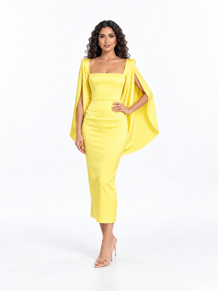 Square-Neck Cape Sleeve Midi Dress - Solenya