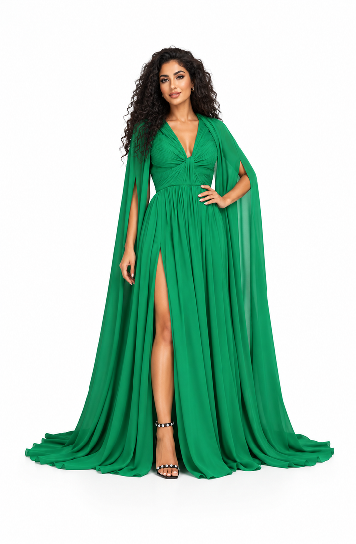 Ruched V-Neck Cape Evening Gown - Sylvara