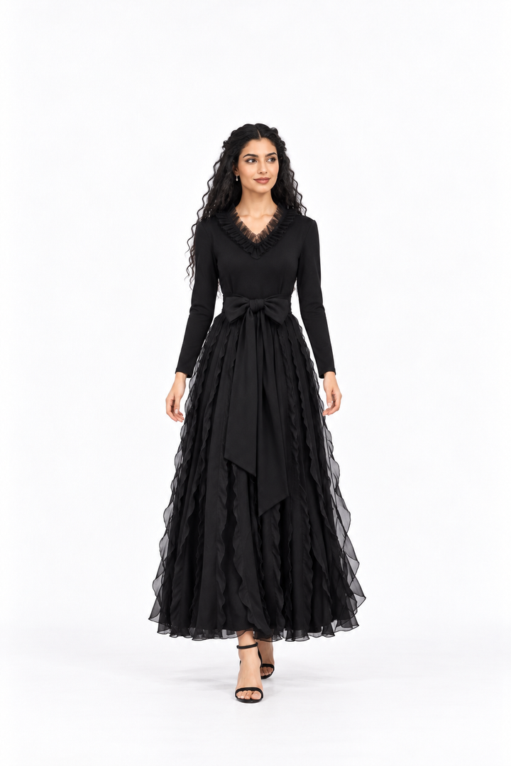 Feather Neckline Layered Midi Dress - Noiresta