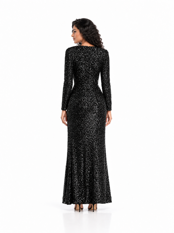 Sequin Wrap Front Slit Evening Gown - Obsidian