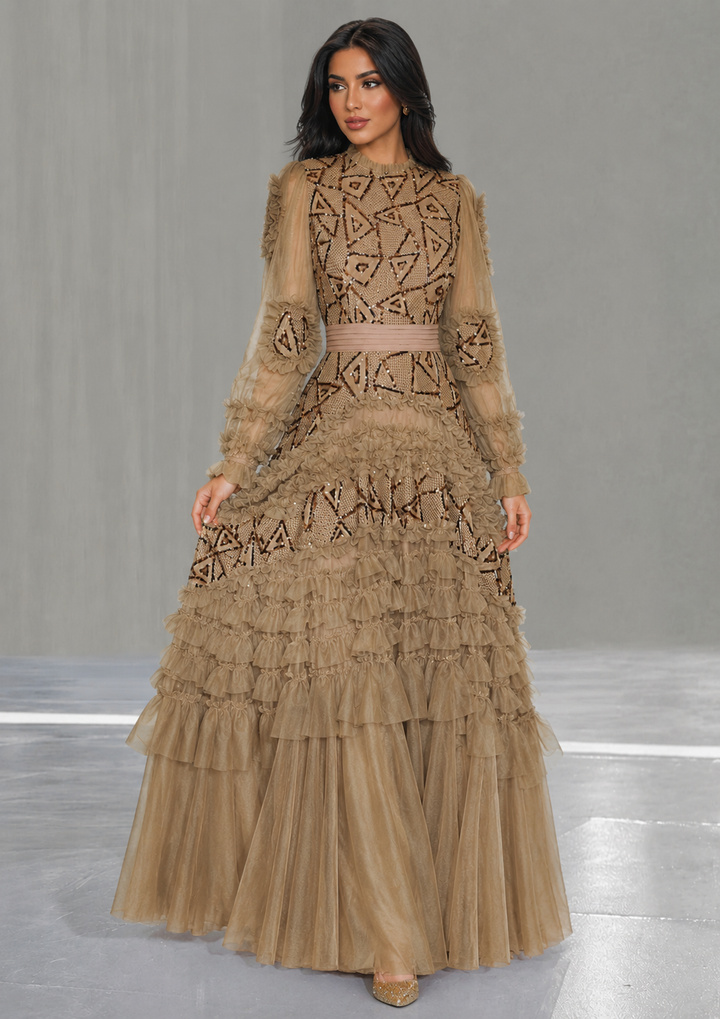 Gold Embellished Ruffle Evening Gown – Aurelia