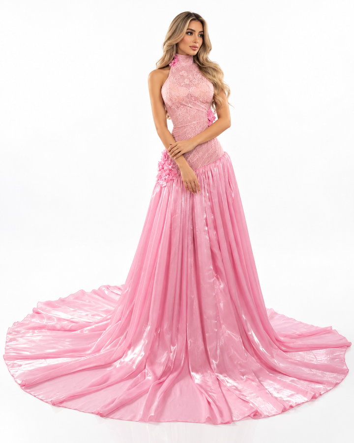 Embroidered Halter Grand Train - Pinkora