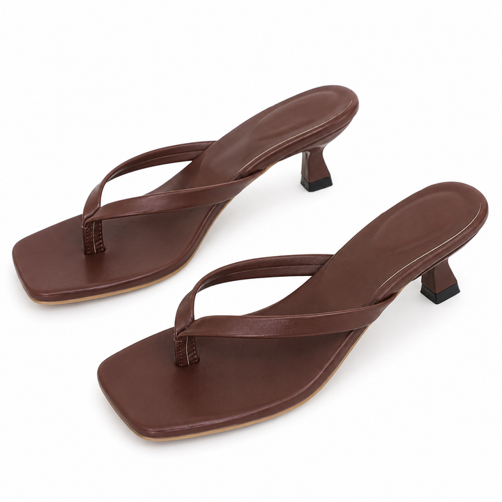 Sleek Square-Toe Kitten Heel Sandals - Mocha