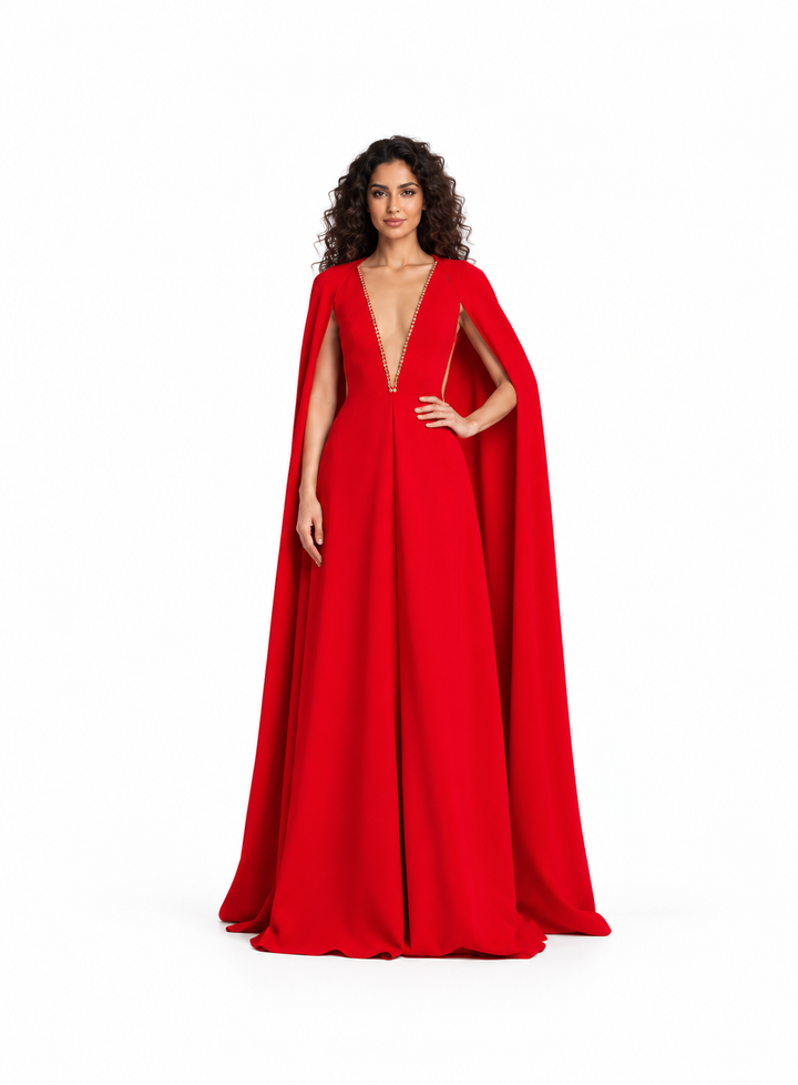 Crystal Plunge Cape Evening Gown - Rubienna