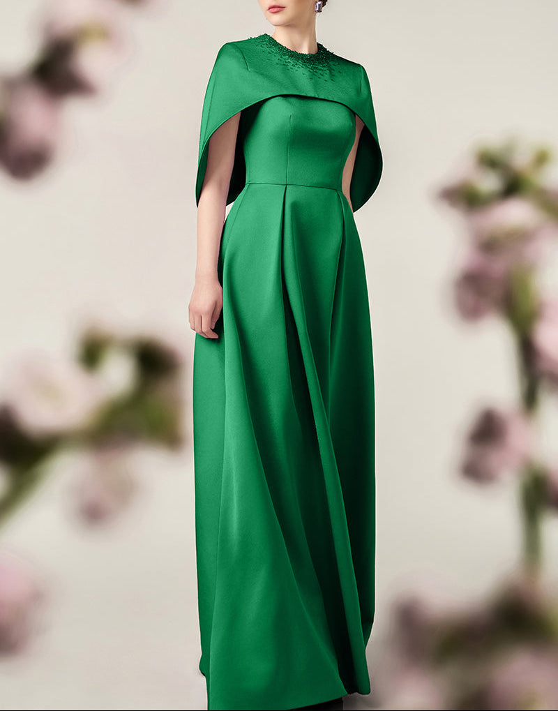 embellished cape gown in emerald satin – VERDELLA