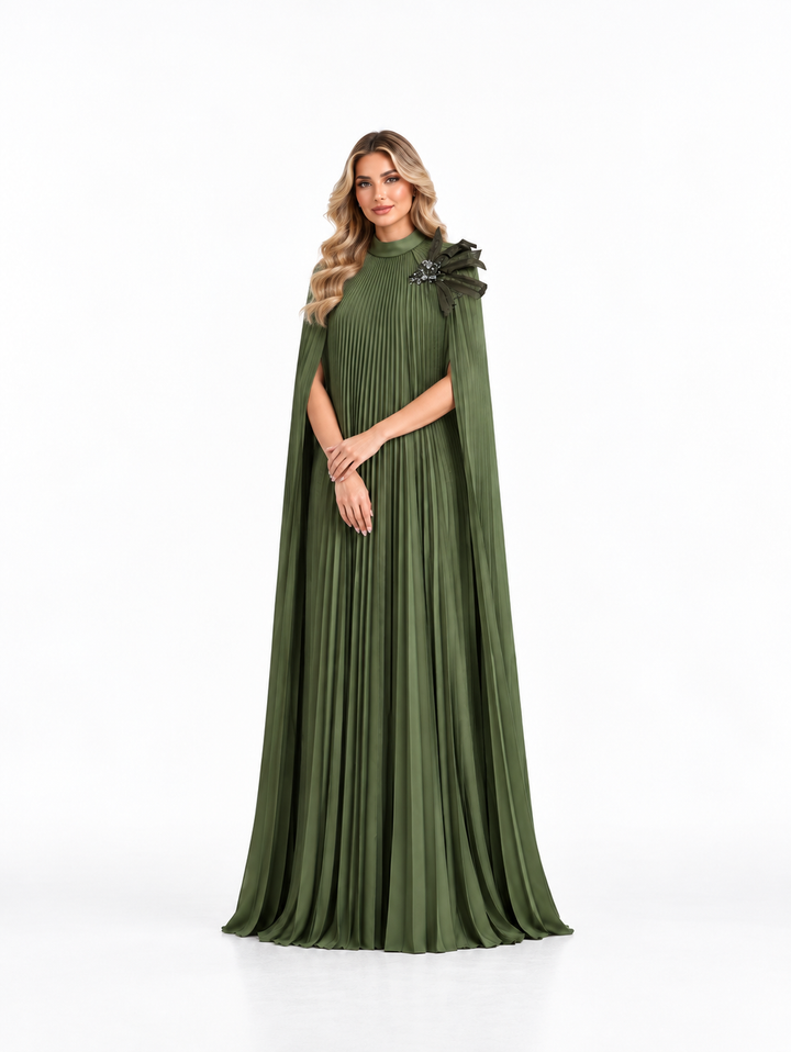 Olive Green Pleated Cape Maxi Dress - Aviana