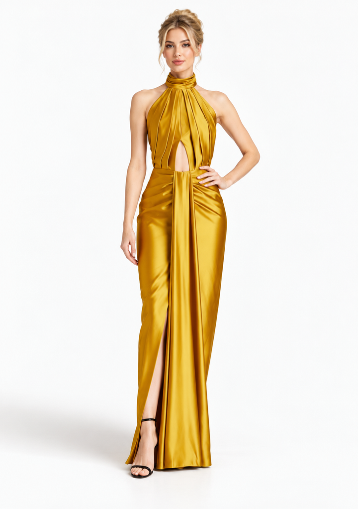Halter Draped Satin Cutout Evening Gown - Aurevia