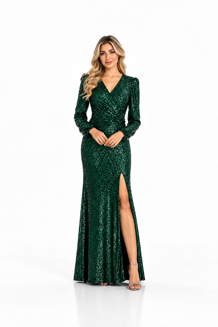 Sequin Wrap Long Sleeve Evening Gown - Viridian