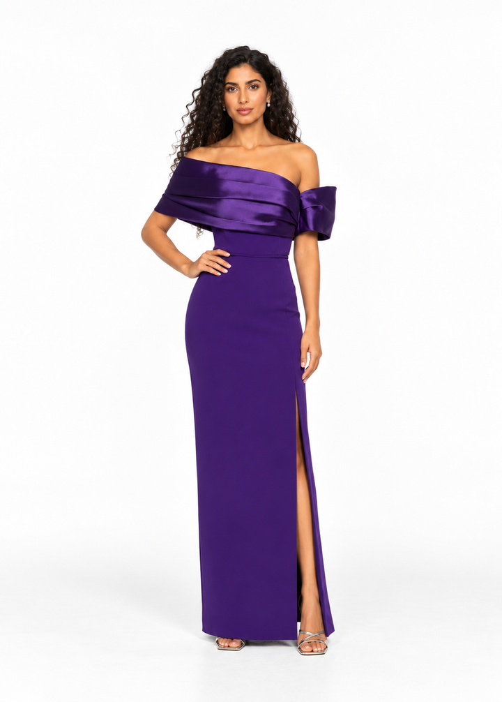 Draped Off-Shoulder Satin Evening Gown - Violettaire