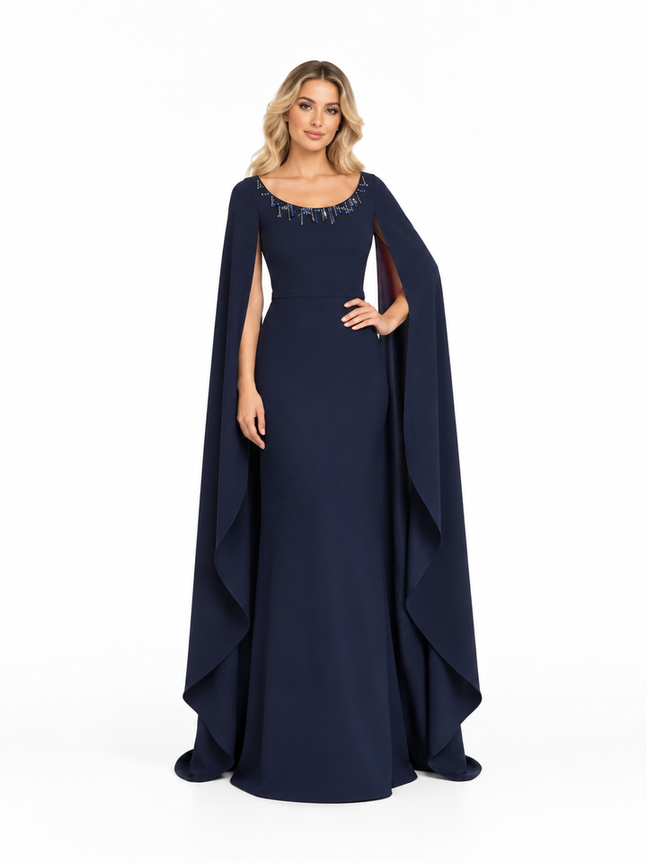 Embellished Scoop Neck Cape Evening Gown - Noctelune