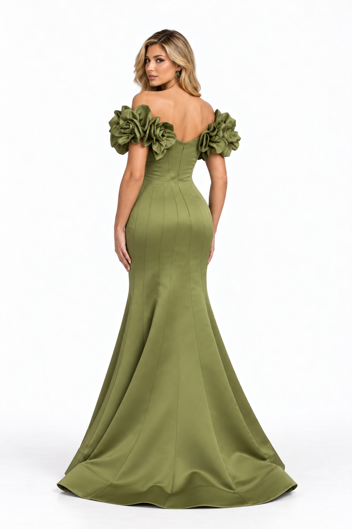 Floral Shoulder Mermaid Maxi Dress - Olive