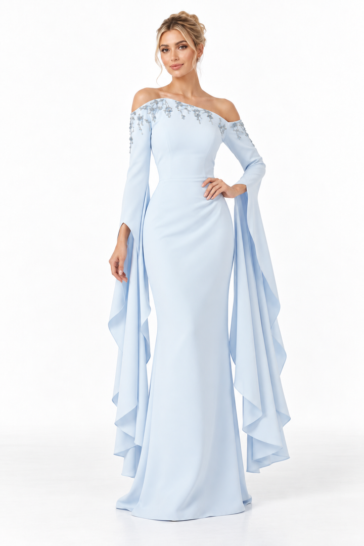 Embellished Off-Shoulder Draped Sleeve Maxi Dress – Skyelle