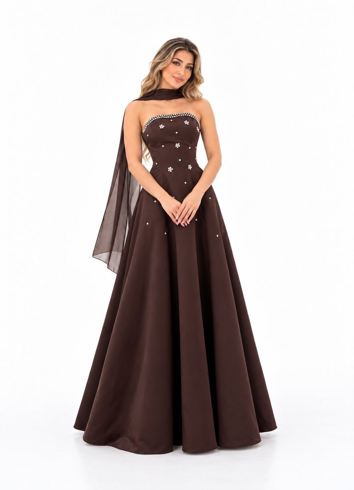Crystal Strapless Scarf Gown - Cocoa