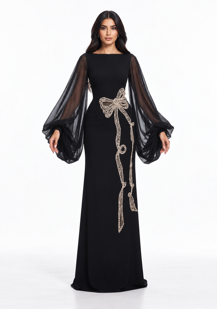 Black Crystal Bow Gown -Bellavique