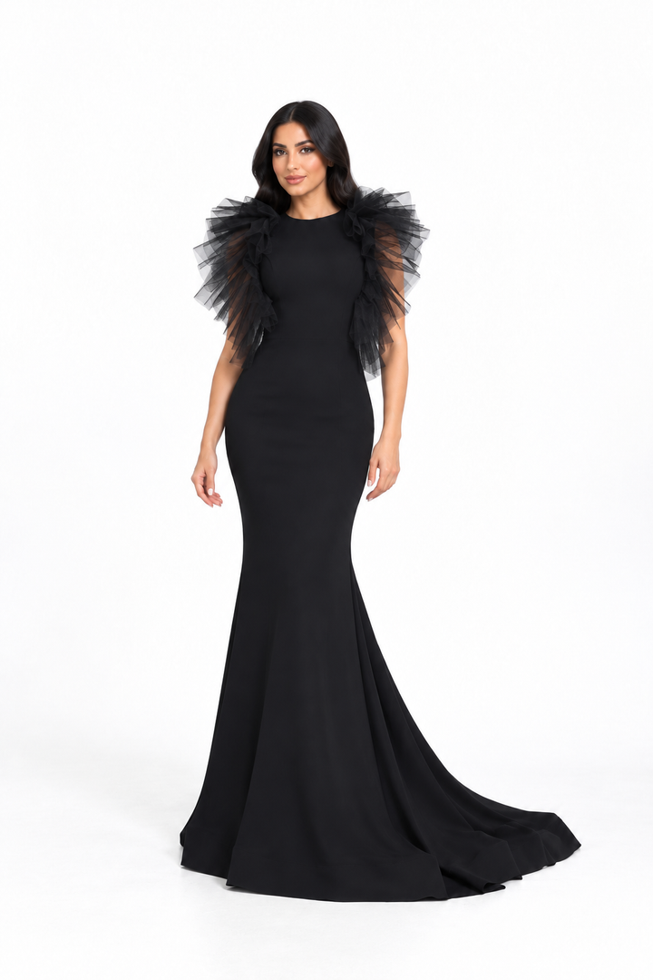 Ruffled Tulle Shoulder Fishtail Maxi Dress – Virella