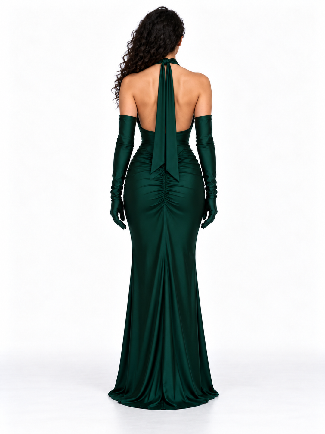 Halter Satin Gown with Draped Gloves and Front Slit - Ardelle